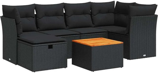 vidaXL 7-tlg. Garten-Sofagarnitur in L-Form aus Polyrattan und Akazienholz mit Kissen, Schwarz - Bild 1