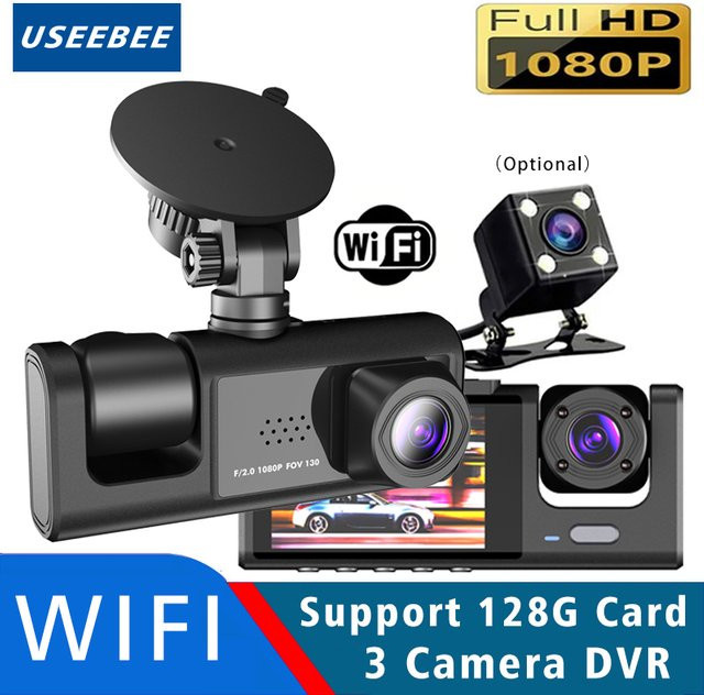 USEEBEE 3-Kanal Dashcam mit Wifi, 1080P Full HD, Nachtsicht und 2 Zoll IPS-Bildschirm, Schwarz - Bild 1