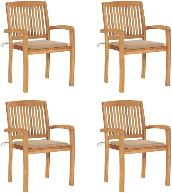 vidaXL Set aus 4 stapelbaren Gartenstühlen aus Teakholz mit Kissen in Braun und Beige - Bild 1