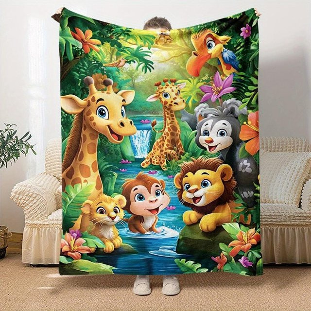 Flanell-Decke mit Dschungeltier-Motiv für Kinder in Braun, B/H: 70 x 100 cm - Bild 1