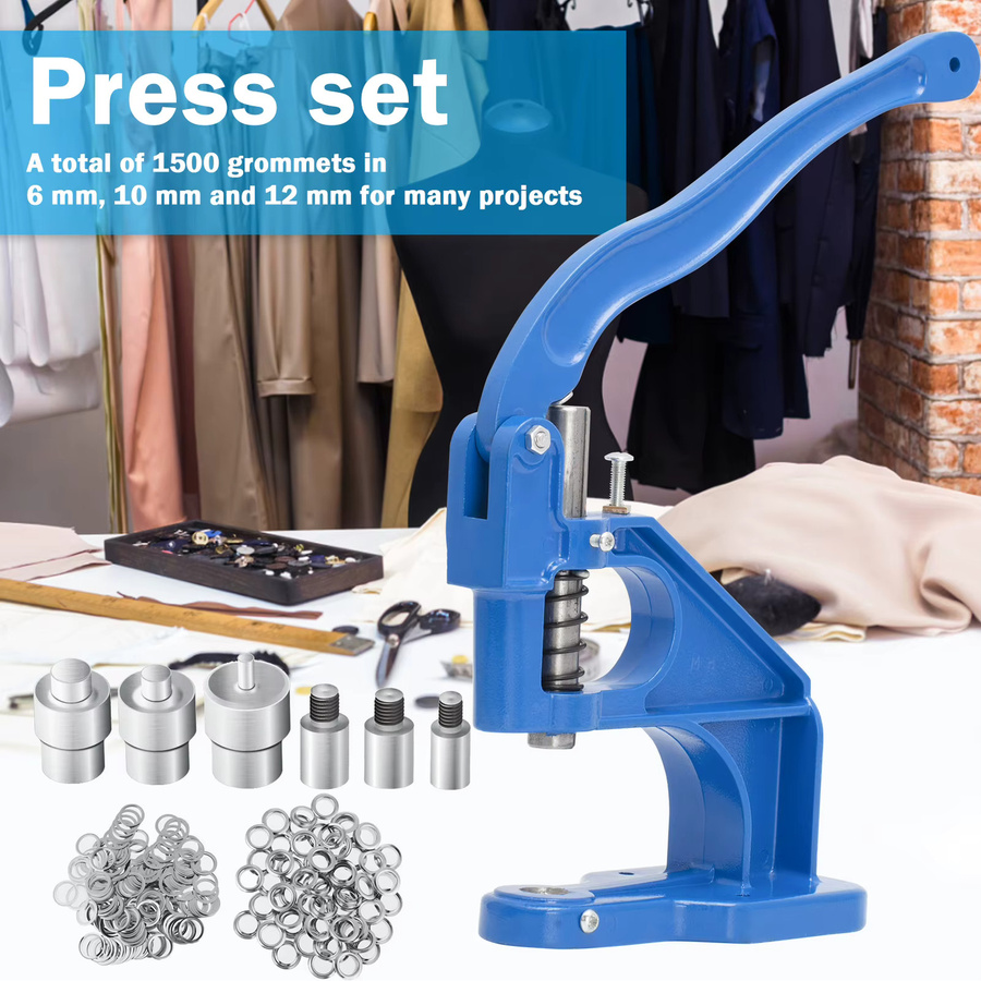 LetCartMaker Handpresstüllen-Ösenmaschine in Blau mit 3 Matrizen und 1500 Ösen in den Größen 6 mm, 10 mm und 12 mm - Bild 2