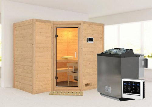 Karibu Sauna Riga 2 Bio-Kombi-Sauna für 4 Personen aus Fichtenholz in Beige inklusive 9 kW Saunaofen mit externer Steuerung B/T/H: 236 x 209 x 184 cm - Bild 1