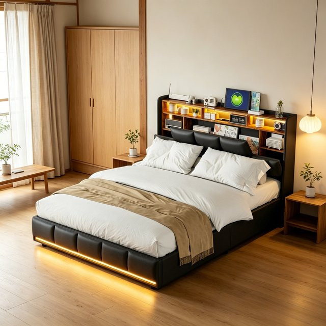 Rosahqnda Doppelbett für Erwachsene mit LED-Beleuchtung und Ablagefächern, gepolstert, Farbe: Schwarz, B/T/H: 160 x 200 cm - Bild 1