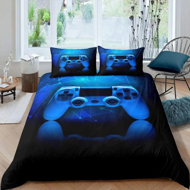 Gaming Bettwäsche Set Your Warm Home aus weicher Mikrofaser in Blau mit Gamepad-Design, bestehend aus 1 Bettbezug und 1 Kissenbezug, B/T/H: 135 x 200 cm und 70 x 133 cm - Bild 1