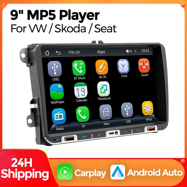 MEKEDE Wireless Carplay MP5 Autoradio mit 9 Zoll Display in Schwarz für Volkswagen Golf 5 6 Polo Passat B6 B7 CC und Skoda Jetta - Bild 1