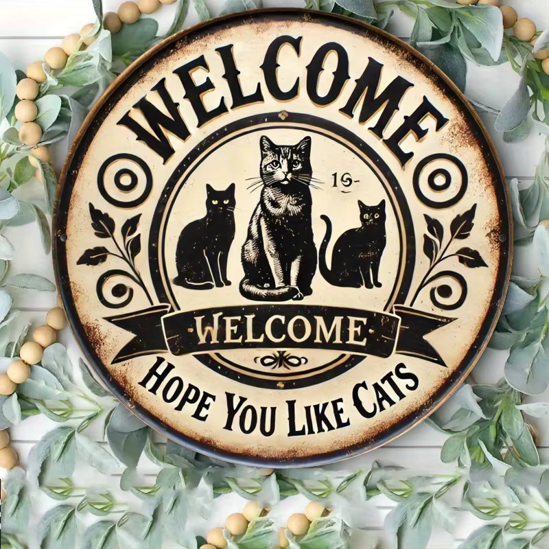 Potdemiel Metallwandschild Welcome Hope You Like Cats Rund, Vintage Schwarz, Durchmesser: 19,81 cm - Bild 3
