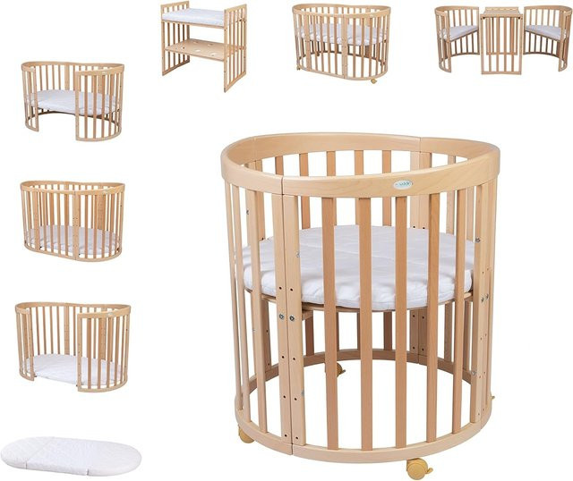 Waldin Babybett OWAL 7in1 Kinderbett aus Buchenholz mit Matratze, mitwachsendes Kinderbett, lackiert - Bild 1