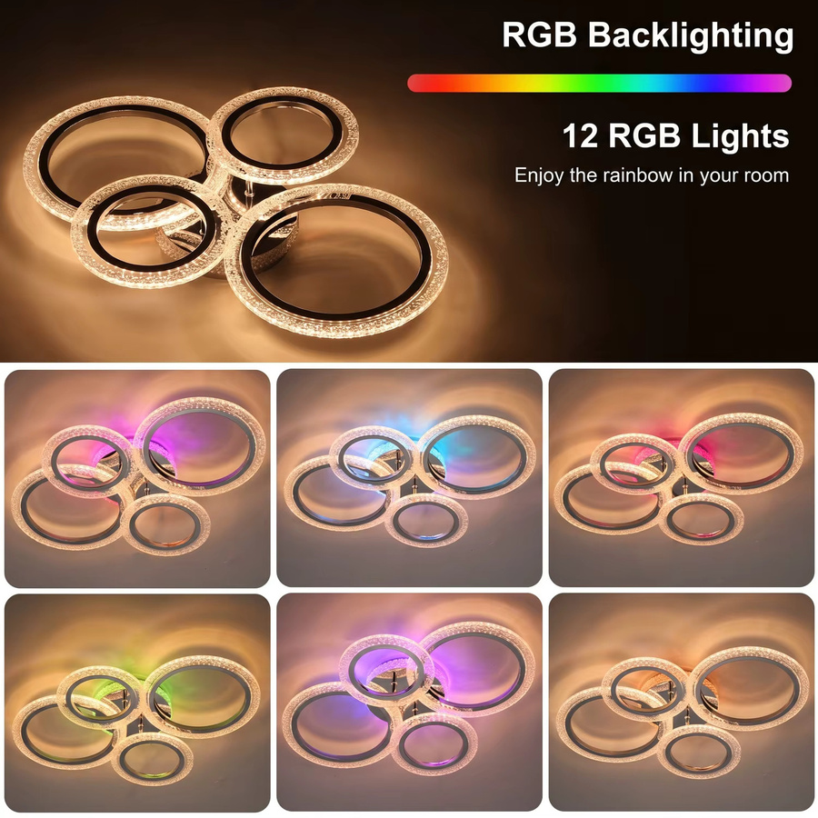 Oyajia LED-Deckenleuchte mit 4 Ringen, RGBW, dimmbar mit Fernbedienung, modern, Farbe: Weiß, Durchmesser: 57 cm - Bild 3