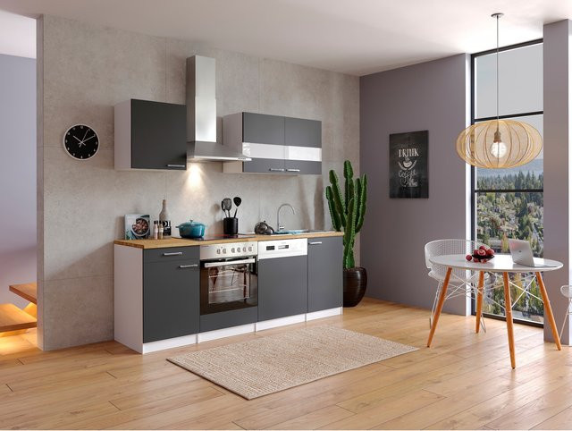 Respekta Küchenzeile KB220WGC freistehend mit Soft-Close-Türen in Weiß und Grau, Breite: 220 cm - Bild 1