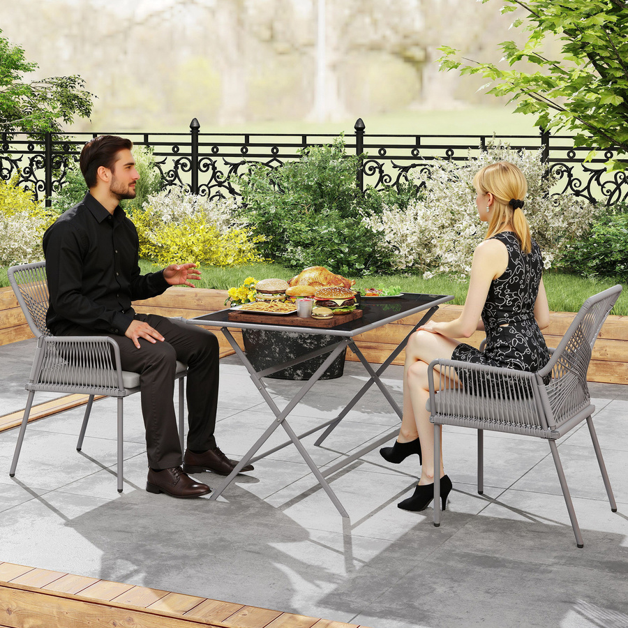 Outsunny 2er Set Gartenstühle aus Rattan mit Sitzkissen in Dunkelgrau, wetterfeste Outdoor Essstühle mit Armlehnen für Garten, Balkon und Terrasse - Bild 2