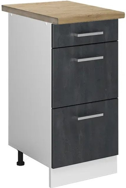 Vicco Küchenunterschrank R-Line mit Schubladen in Schwarz Beton und Weiß mit Arbeitsplatte in Eiche, Breite: 40 cm - Bild 2