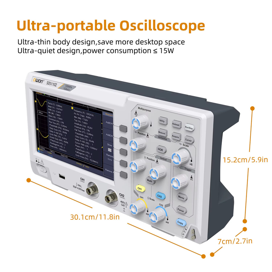 Owon SDS1102 Digitales Oszilloskop in Grau mit 100 MHz Bandbreite, 2 Kanälen und 1 GS/s Abtastrate sowie 7-Zoll-TFT-Display - Bild 1