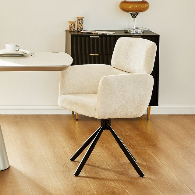 Lemroe Esszimmerstuhl aus Chenille-Stoff in Beige, 360 Grad drehbarer Akzentstuhl mit Armlehnen für Wohnzimmer und Küche - Bild 1