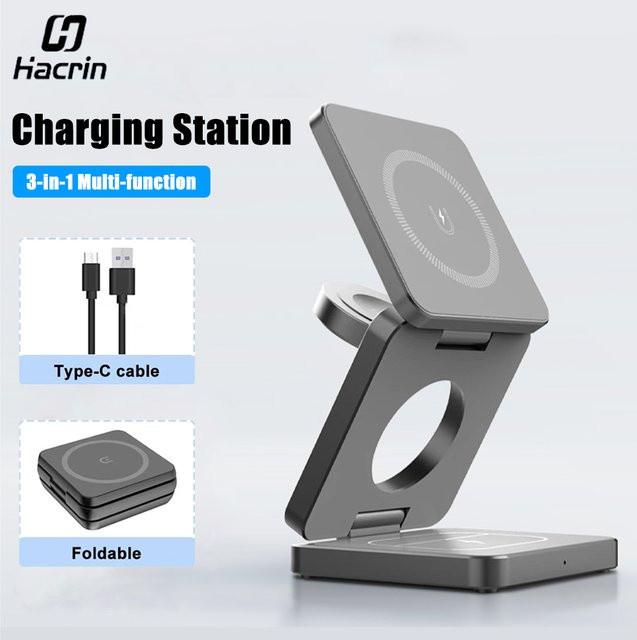 raugee 3-in-1 magnetisches kabelloses Ladegerät in Schwarz, faltbare Schnelllade-Station für iPhone 16, 15, 14, 13, 12 und iOS-Geräte - Bild 1