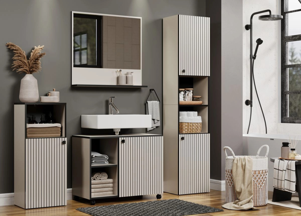 Badezimmer Hochschrank Feliz in Kaschmir, modern mit offenen Regalen und Türen, Breite: 70 cm, Höhe: 186 cm - Bild 2