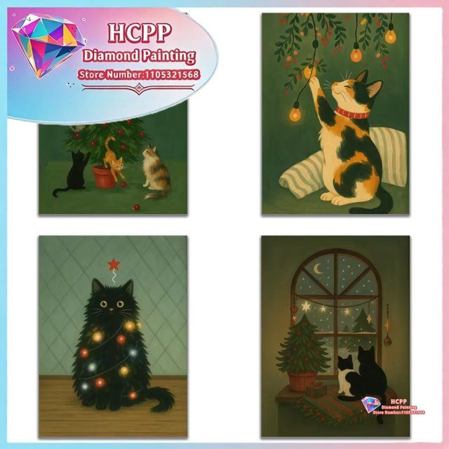 Wowo Weihnachtskatzen Diamantmalerei-Set 5D DIY Mosaik Kunst mit quadratischen und runden Diamanten in Multicolour - Bild 1