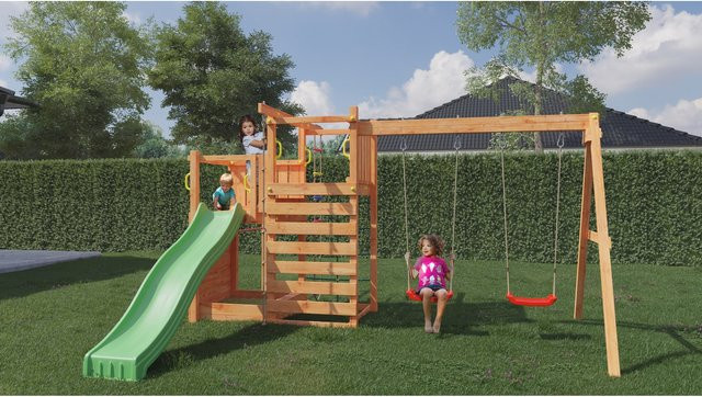 Fungoo Spielturm Climbing Star 3 in Teak mit Rutsche, Doppelschaukel, Kletterwand, Strickleiter und Kletternetz - Bild 3