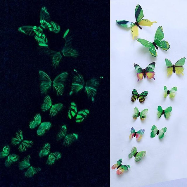 Rui Di 12er Set Leuchtende 3D Schmetterling Wand Aufkleber in Grün für Wohnzimmer, Hochzeit und Party Dekoration - Bild 1