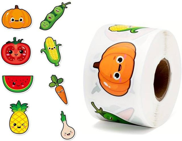500 Stück Binchi Outdoor Product Aufkleber mit Cartoon Gemüse und Obst Motiv, Mehrfarbig, Dekorative Etiketten für Geschenkboxen und Schreibwaren - Bild 1