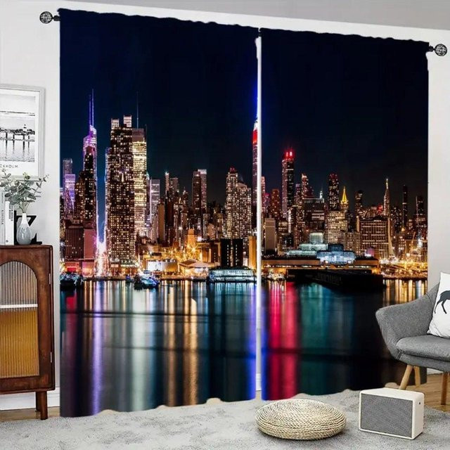 Verdunkelungsvorhangpaneele New York City Nachtansicht mit Neon-Stadtlandschaft, 2er-Set, Mehrfarbig, Breite: 50 cm, Höhe: 160 cm - Bild 1