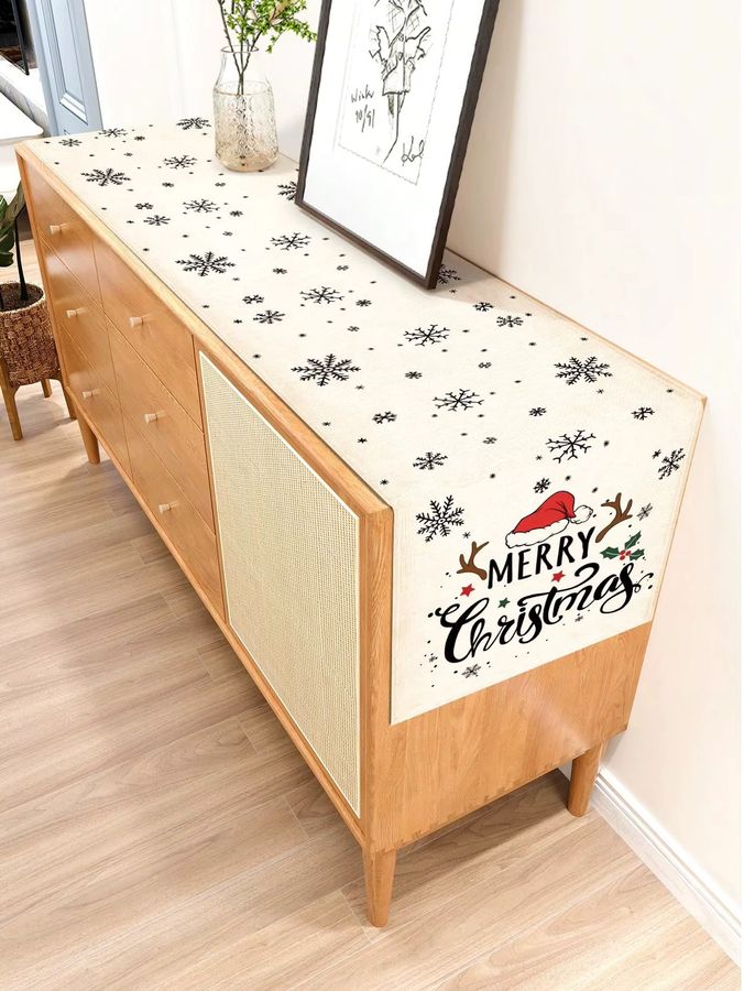 JIT Tischläufer aus Leinen mit Schneeflocken, Weihnachtsmütze und Holly-Design für deine Weihnachtsdekoration - Bild 3