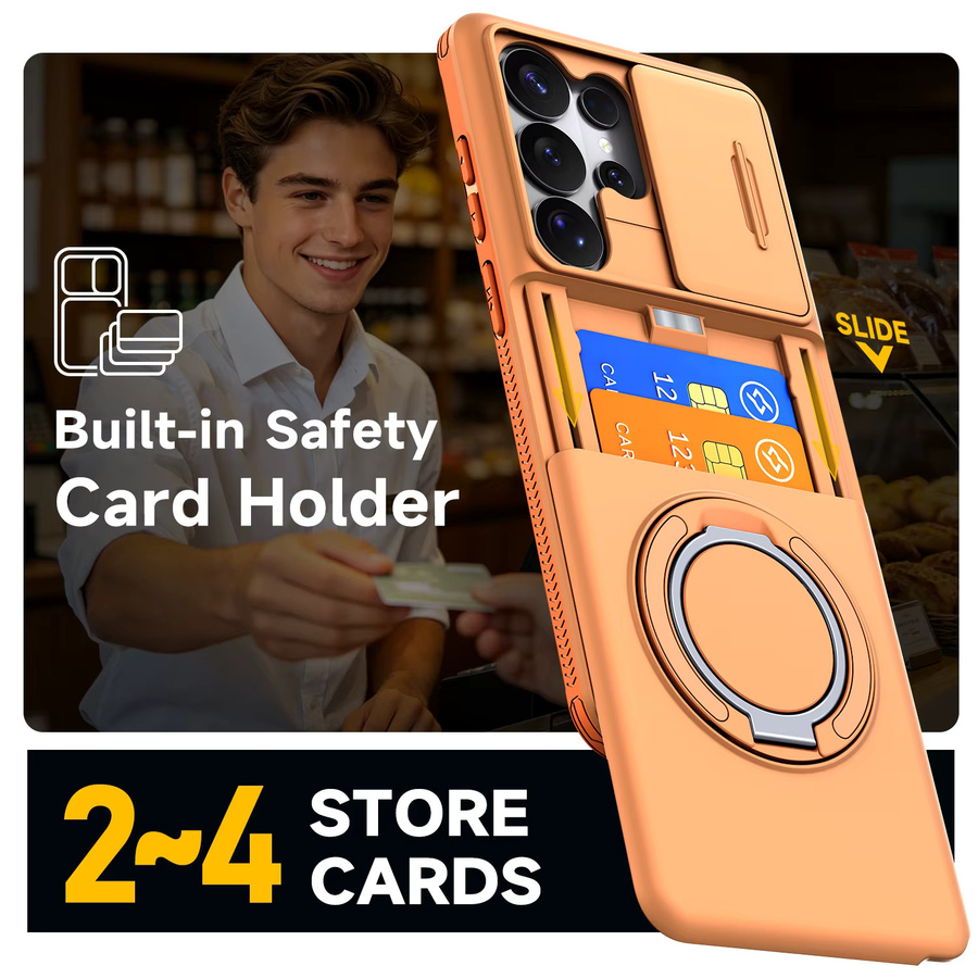Panzerhülle für Samsung Galaxy S26 S25 S24 S23 S22 Ultra Plus S25FE S24FE mit Schiebe-Kameraschutz, Ringhalter und Kartenfach in Grün und Orange - Bild 5