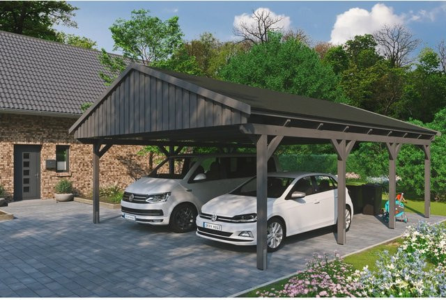 Skan Holz Carport Fichtelberg aus Fichte Leimholz in Schiefergrau mit spitzer Dachform, B/T: 618 x 808 cm, Höhe: 362 cm - Bild 1