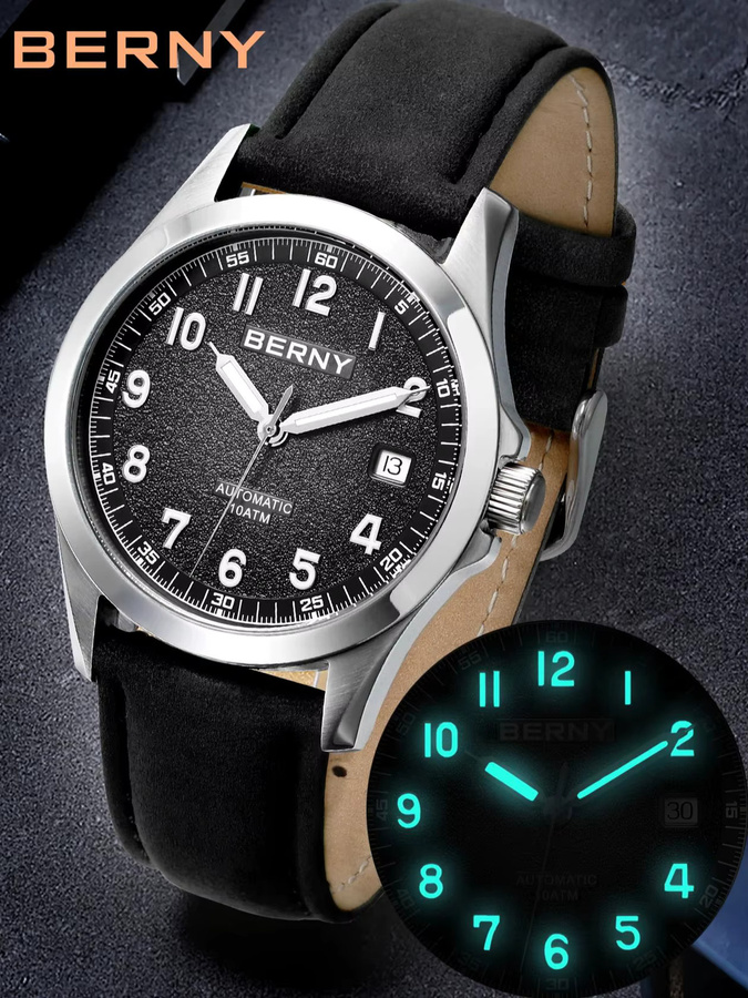 BERNY Armbanduhr Automatik, Edelstahl, Leder, Schwarz, Herren - Bild 6