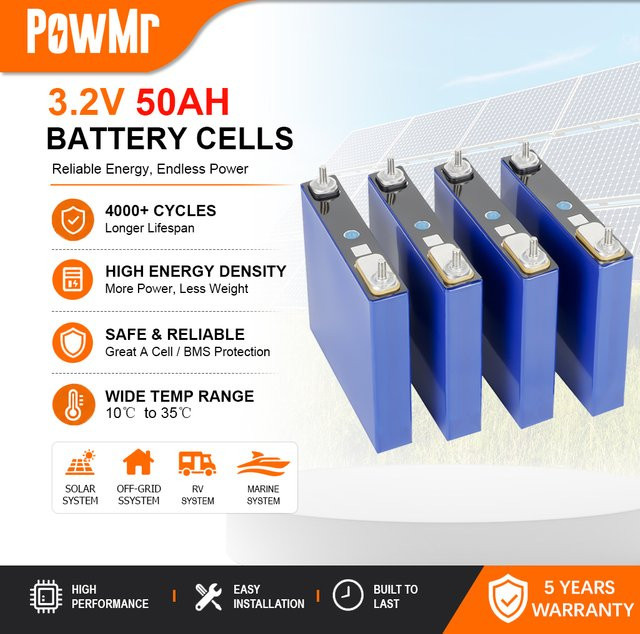 POWMR LiFePO4 Batteriezellen 3,2V 50Ah 4er-Pack Klasse A Lithium-Eisenphosphat-Akkupack für Solar, RV und Marine - Bild 1