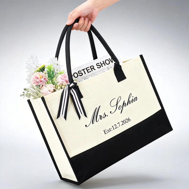 Personalisierte Leinentasche für die Braut in Weiß mit Name und Datum, B/H: 20 x 43 cm - Bild 1