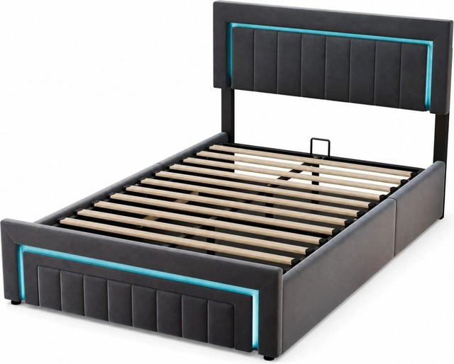 okwish Polsterbett mit LED-Beleuchtung und Schubladen in Grau, B/T/H: 140 x 190 x 107,5 cm - Bild 1