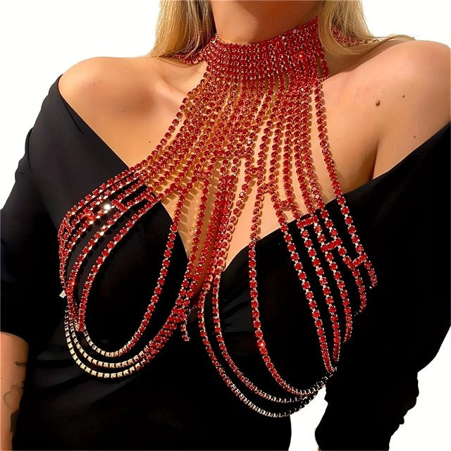 Brustkette, rot, Strass, Kristall, Silber, Unisex - Bild 1