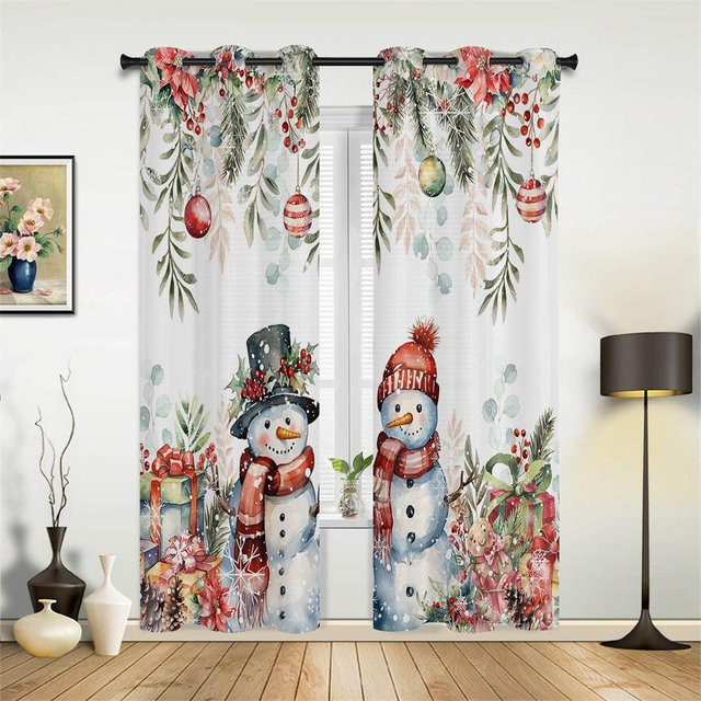 Weihnachts Vorhänge mit Schneemann-Motiv in Rot, Blau und Weiß, 2er-Set aus Polyester für Wohnzimmer, Schlafzimmer und Küche, B: 50 cm, H: 130 cm - Bild 1