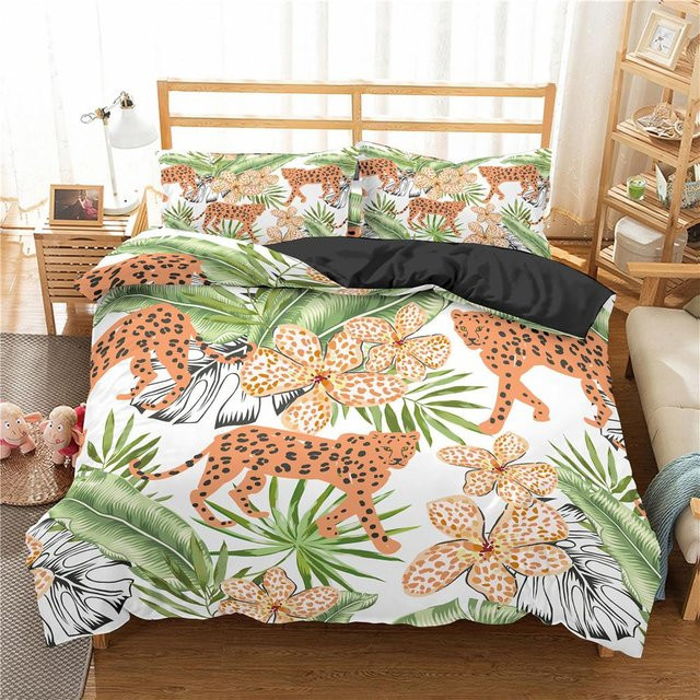 Dschungeltier Bettwäscheset mit tropischen Pflanzen und Wildtieren, 3-teilig, Polyester, B: 140 cm, H: 210 cm - Bild 1