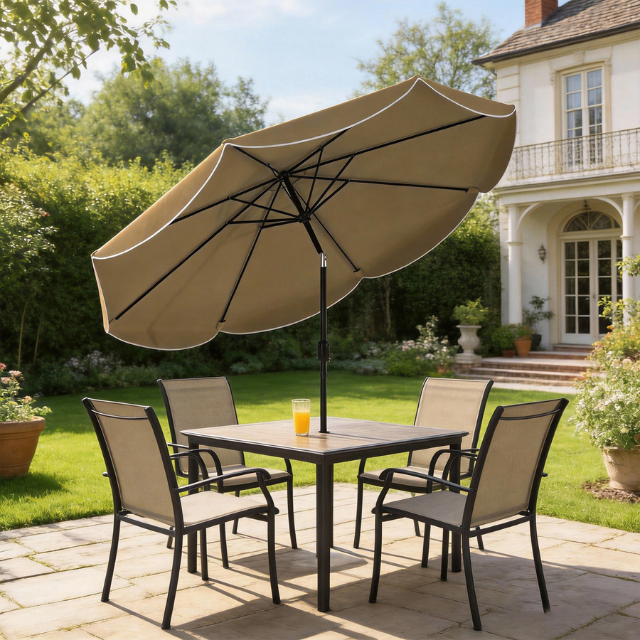 Outsunny Sonnenschirm für Terrasse und Garten, Ø 2,7 m, Khaki, mit 3-stufig verstellbarer Neigung, Kurbel und Volant, wasserabweisend - Bild 2