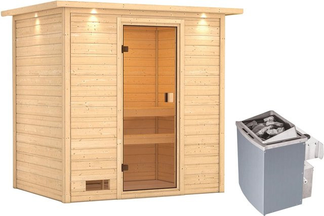 Karibu Massivholzsauna Selena in Braun mit 9 kW Ofen, integrierter Steuerung und LED-Dachkranz, B/T/H: 223 x 191 x 159 cm - Bild 1