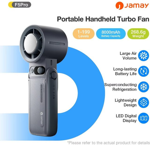 AIRUIDU Tragbarer Handventilator in Schwarz mit 199 Windgeschwindigkeitsstufen, LED-Digitalanzeige und 8000 mAh Akku - Bild 1