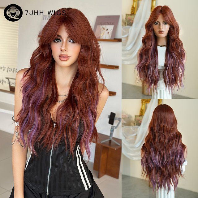 7JHH WIGS Perücke, Lange Wasserwellen, Kupfer-Lila-Highlights, Damen - Bild 1