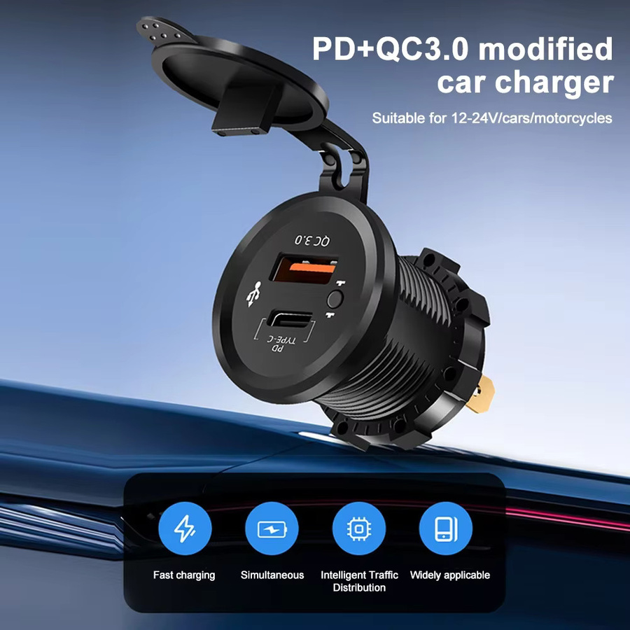 kebidumei Dual-USB-Steckdose 12/24V mit Tastenschalter, 40W QC3.0 & PD3.0 USB-C Autoladegerät in Schwarz für Wohnmobile, Motorräder, Boote und LKWs - Bild 3
