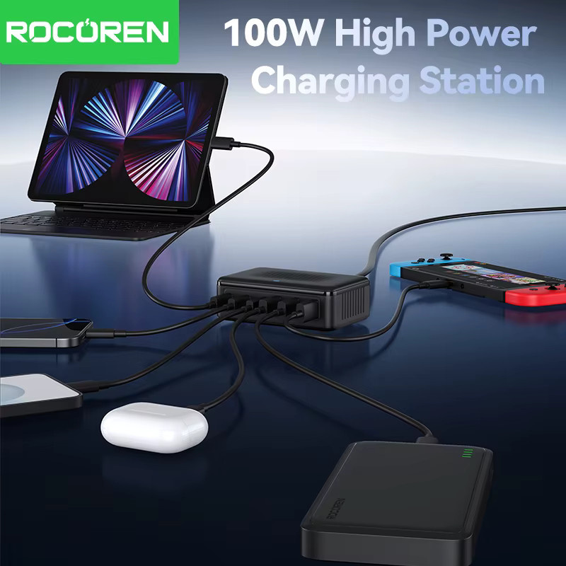 Rocoren USB-Ladegerät 100W GaN Desktop-Schnellladestation mit 6 Ports in Schwarz - Bild 3