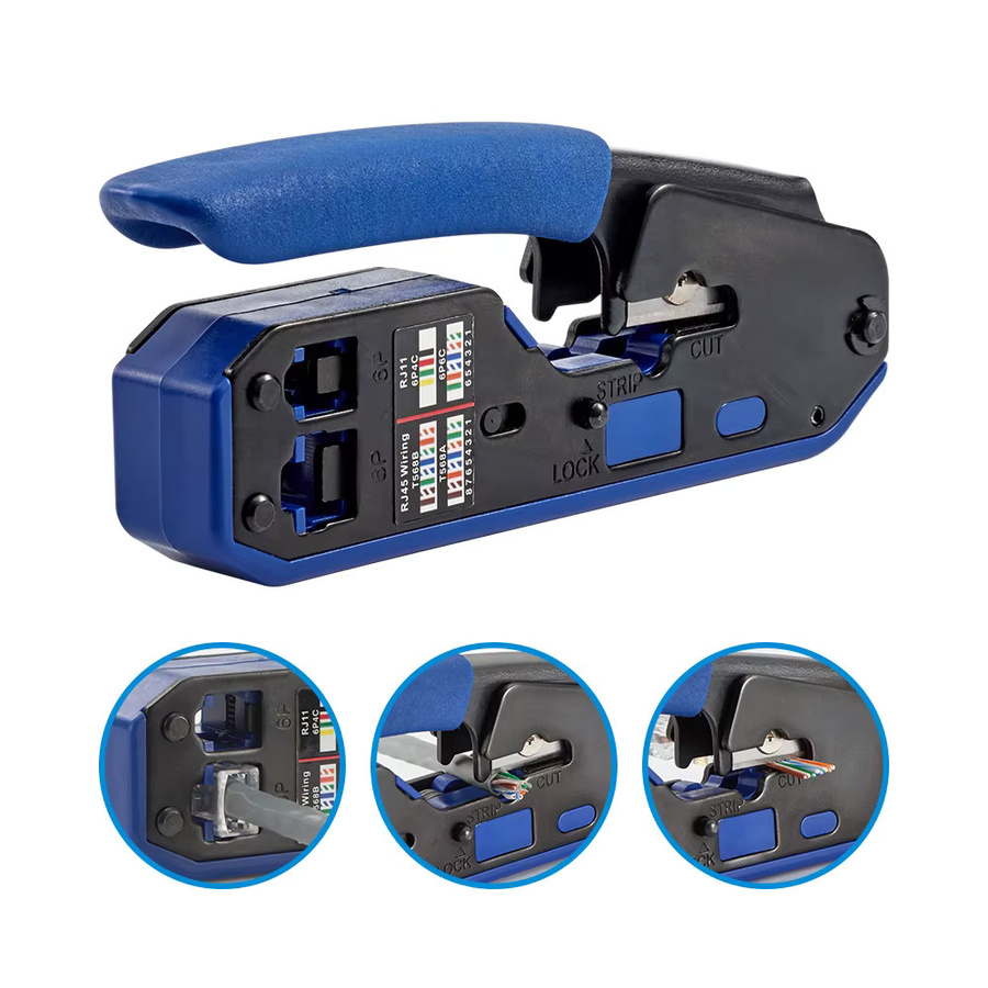 RJ45 Crimpwerkzeuge Set von Seven Floor für Ethernet LAN Kabel Cat6 Cat5e Cat5 inklusive Abisolierzange und Stecker in Blau - Bild 4