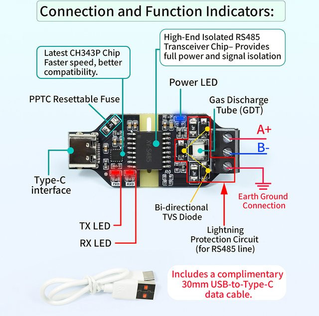Aideepen CH343P USB zu RS485 Isolator Kommunikationsmodul mit Typ-C Anschluss, 6Mbps Hochgeschwindigkeit, 16KV Isolationsspannung, Schwarz - Bild 1