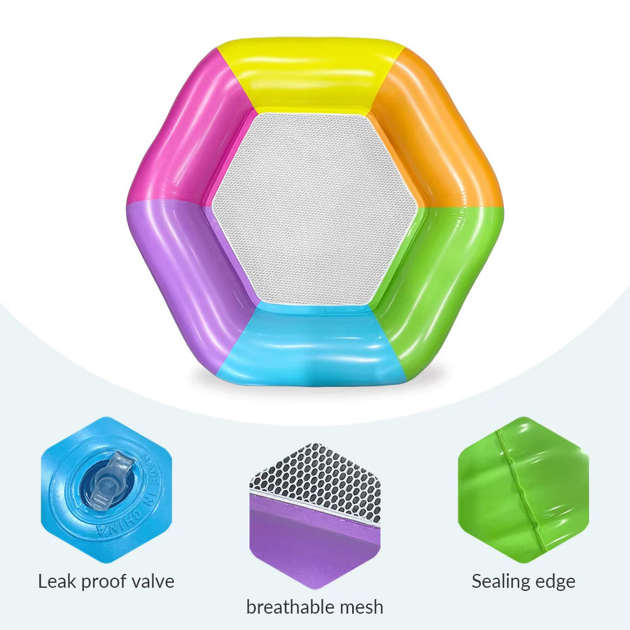 Aufblasbare Regenbogen-Hexagon-Schwimminsel mit Netz-Sitz für Erwachsene, bunte Wasserhängematte für den Pool - Bild 2
