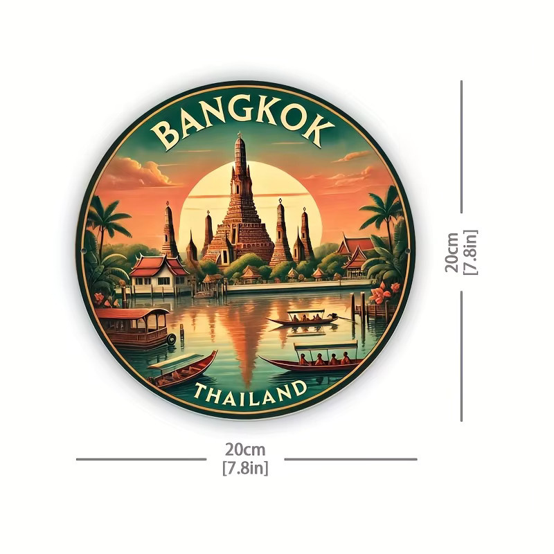 Potdemiel Vintage Bangkok Thailand Rundes Metall-Wandkunstschild aus Aluminium mit Wat Xieng Tanga Motiv, Durchmesser: 20,32 cm, Mehrfarbig - Bild 2