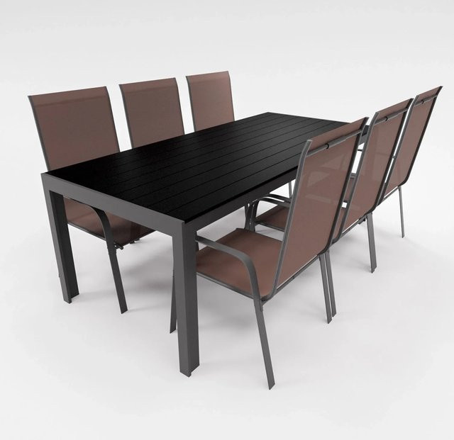 Lex Gartenmöbel Set aus Aluminium bestehend aus 7-teiliger Essgruppe mit Tisch und 6 Stapelsesseln in Schokobraun - Bild 1