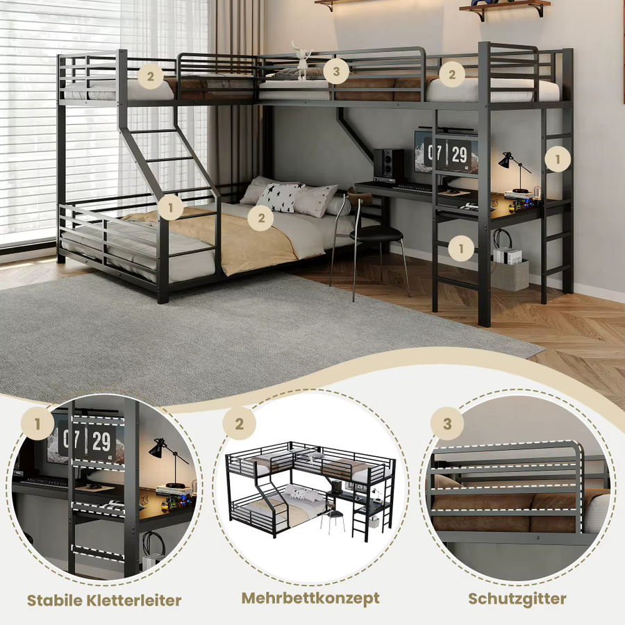 Mehrpersonen-Dreifach-Hochbettgestell aus schwarzem Metall mit integriertem Schreibtisch und USB- sowie Typ-C-Ladeanschluss, B/T/H: 90 x 200 cm & 140 x 200 cm Schlafplätze - Bild 3