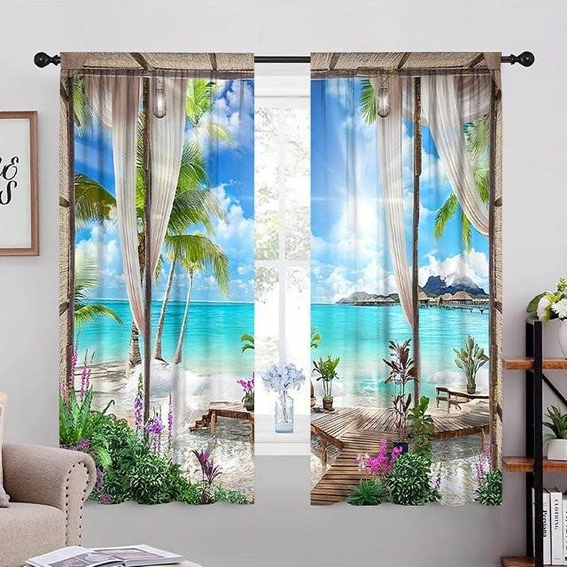 2er-Set Yiran Furniture Vorhang mit 3D-Digitaldruck Palme und Strand in Blau, B: 50 cm, H: 130 cm - Bild 1