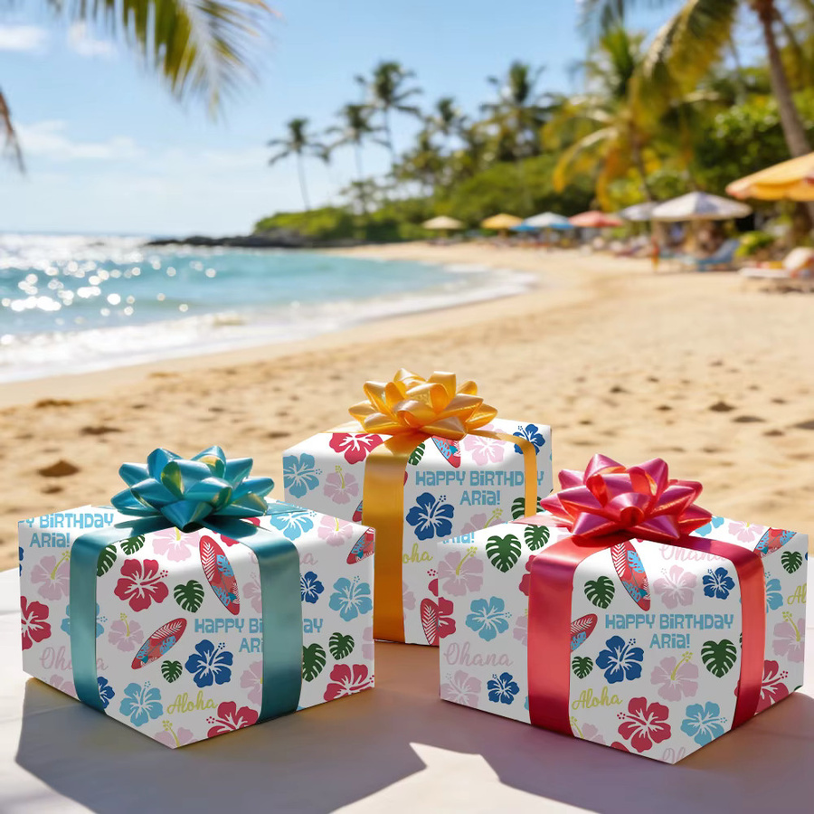 Personalisiertes Geschenkpapier im hawaiianischen Stil mit tropischem Monstera- und Hibiskus-Blumendesign, Mehrfarbig - Bild 4