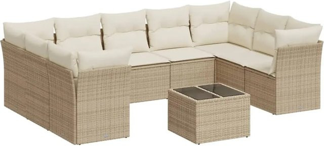 vidaXL 10-teilige Garten-Sofagarnitur aus Poly-Rattan mit Kissen in Beige-Creme - Bild 1