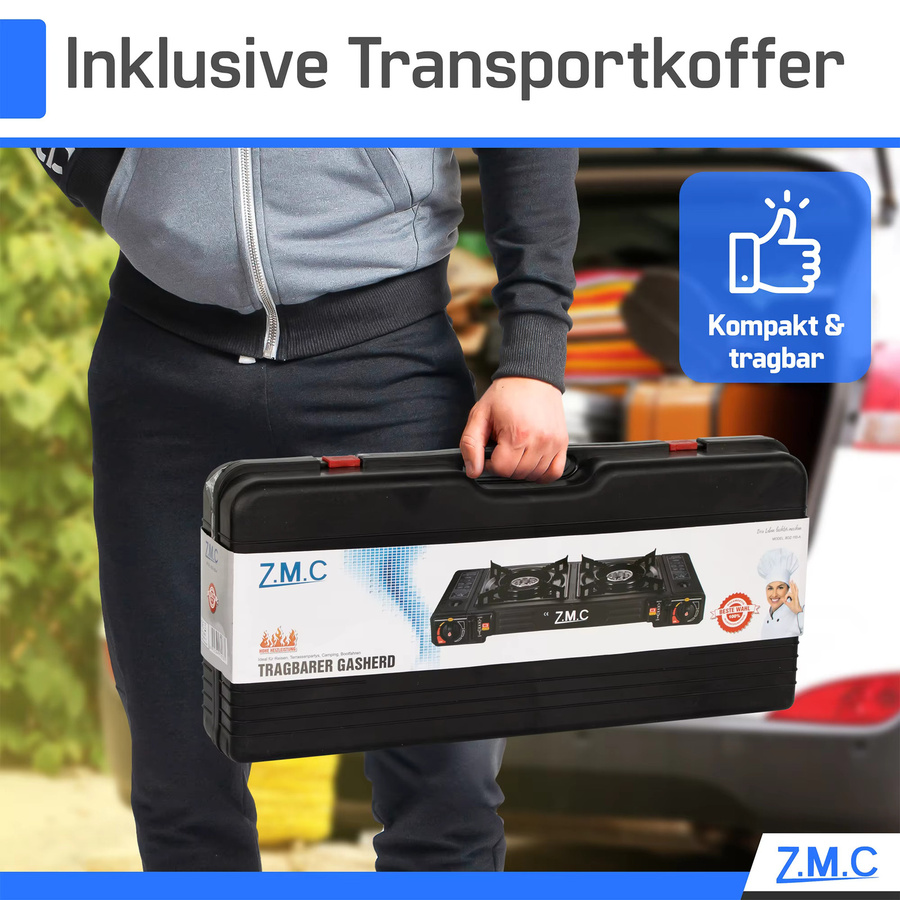 ZMC 2-flammiger Campingkocher 2,3 kW in Schwarz inklusive 20 Gaskartuschen à 227 g mit Piezo-Zündung, LPG-Adapter und tragbarem Koffer für Outdoor und Camping - Bild 5
